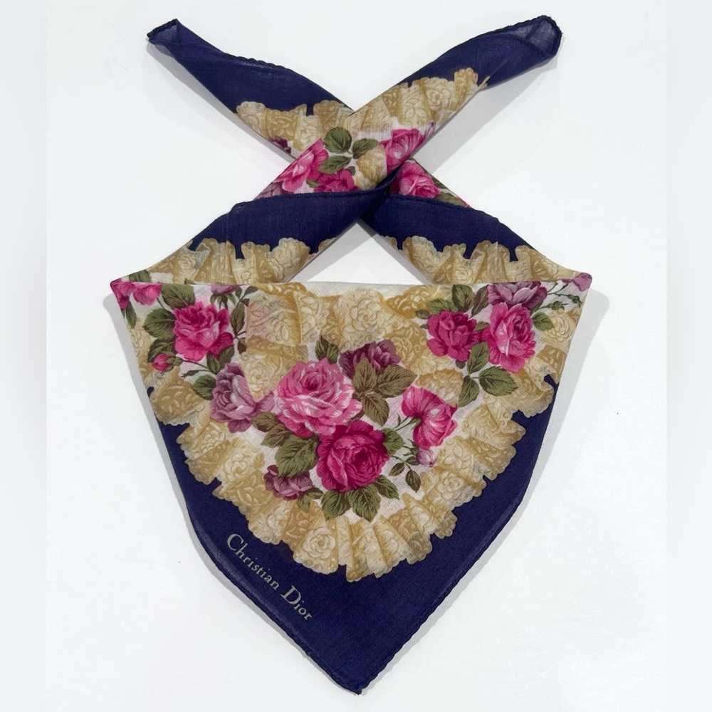 WOMEN HANDKERCHIEF CHRISTIAN DIOR Floral Rose Blue BANDANA COTTON Scarf 18”